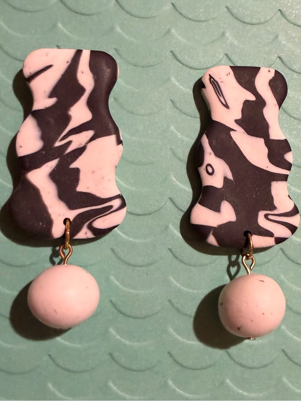 Black and White Marbled Drop Earrings with Pale Pink Spheres